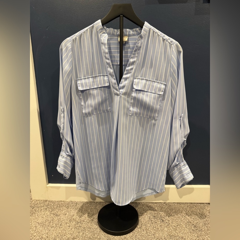A New Day Blue and White Relaxed Mandarin Collar Blouse